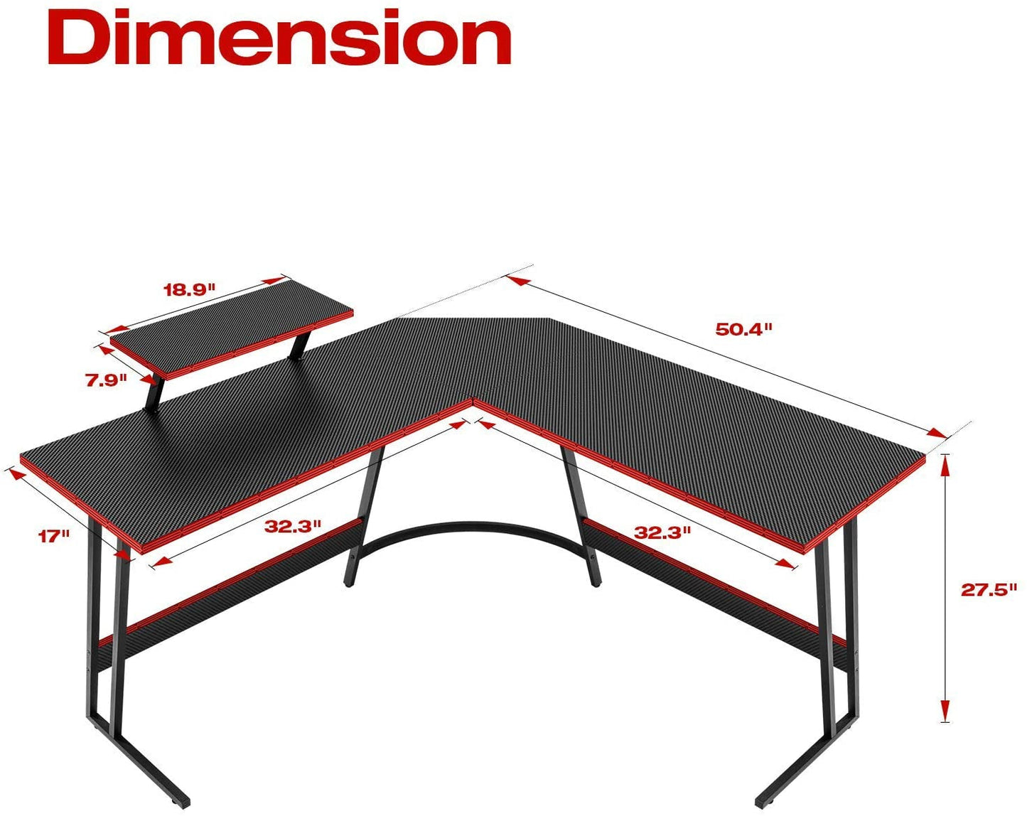 L shaped gaming desk dimensions showing length and height for optimal space use in gaming setups.