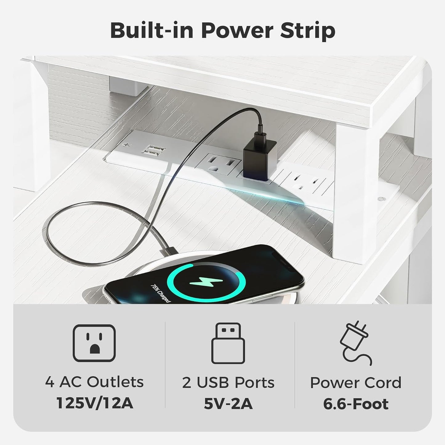 47" White L Desk LED Power Drawer