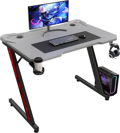 Gaming Computer Desk with Carbon Fiber Surface, Gaming Table Z Shaped