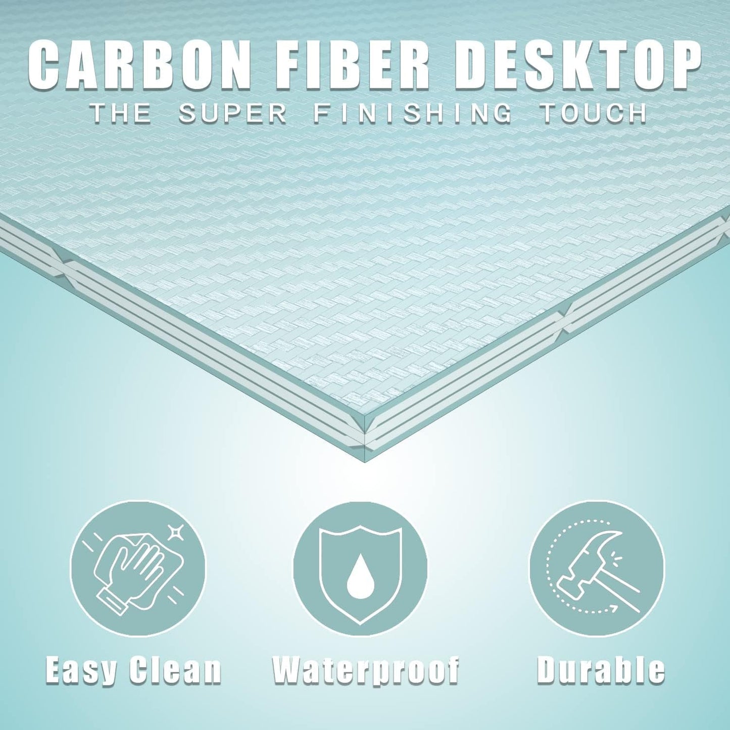 Carbon fiber desktop showcasing easy clean, waterproof, and durable features for gaming and office use.