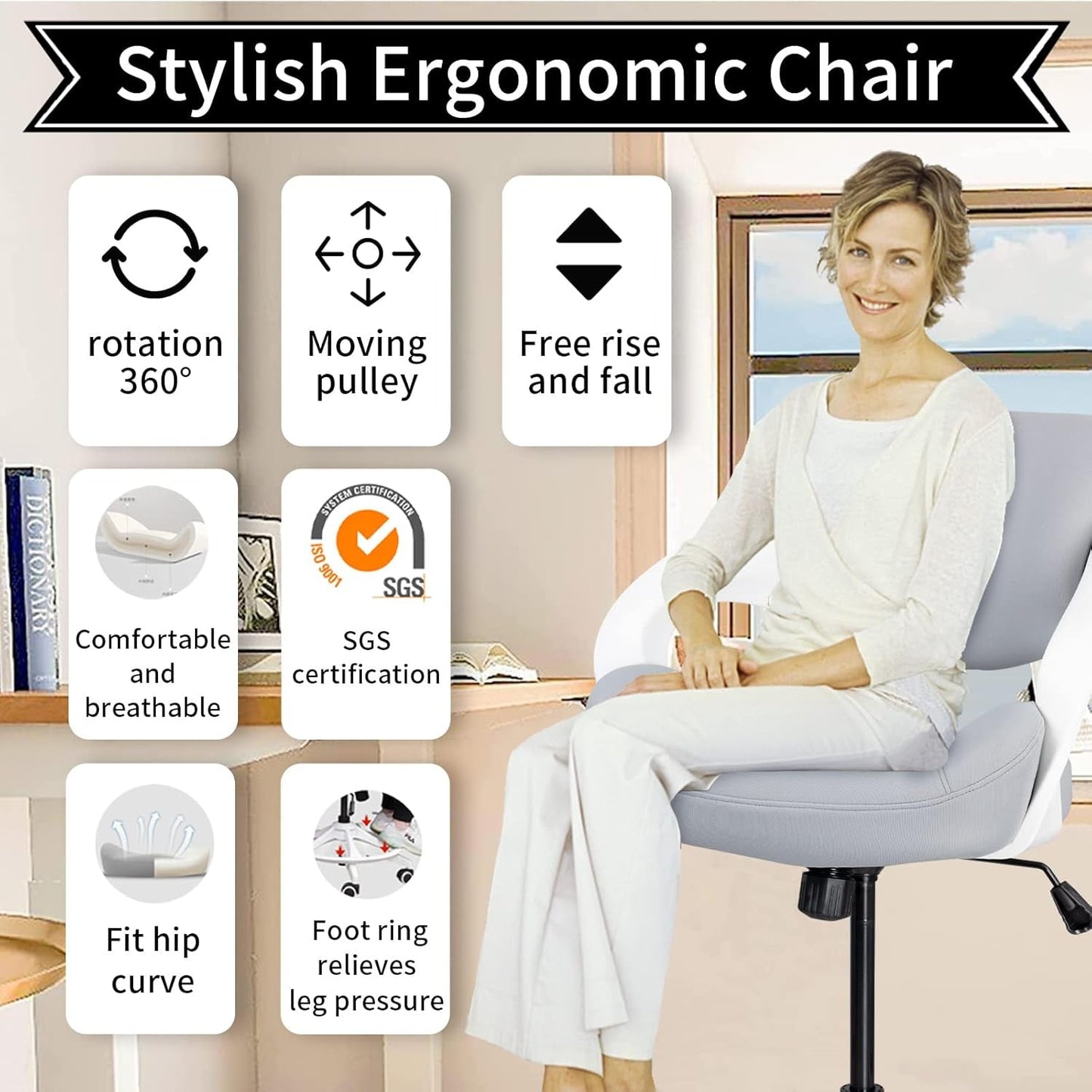 Stylish ergonomic drafting chair with features like 360 rotation, breathable design, and foot ring for comfort.