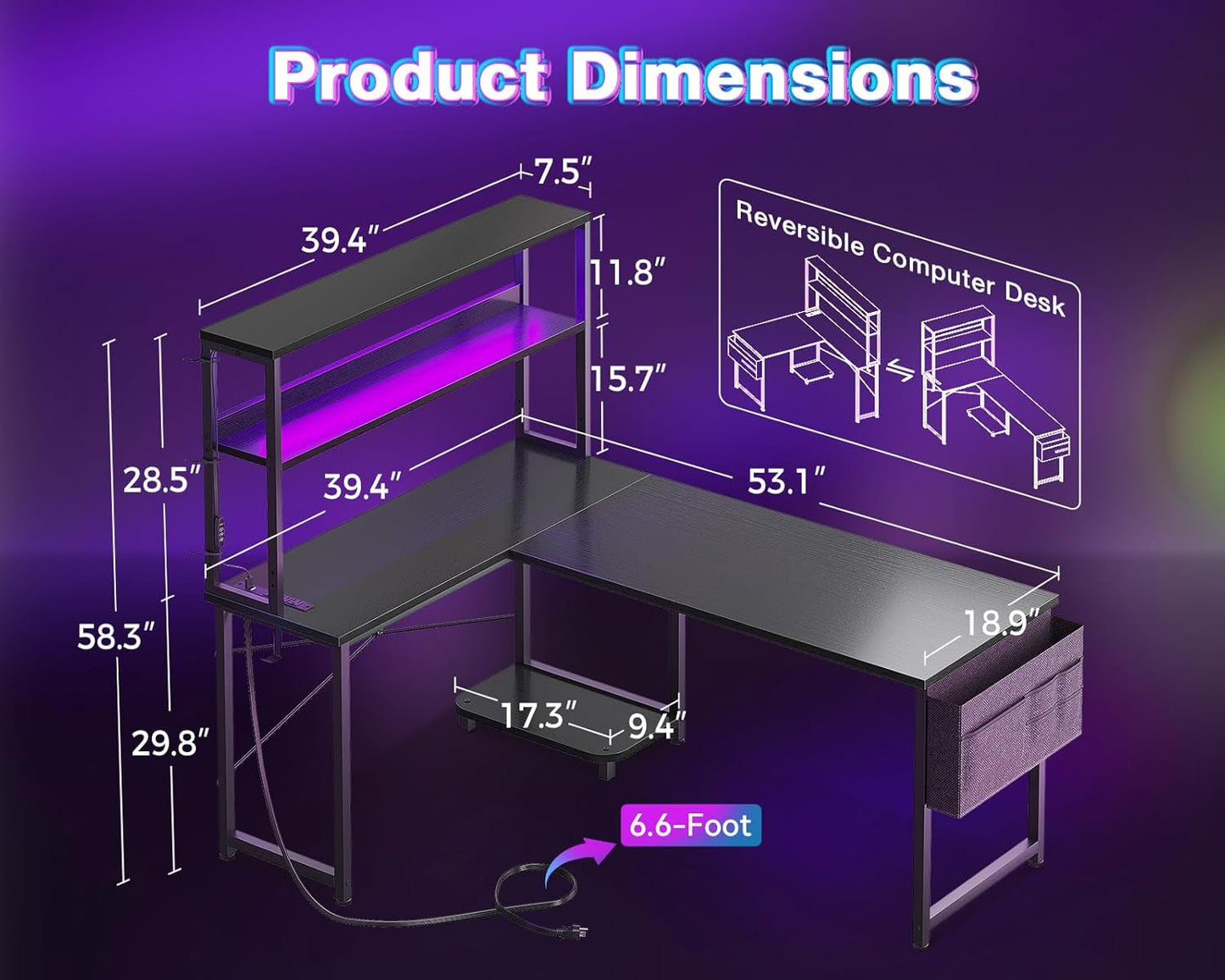 L Shaped Desk Gaming Desk with LED Light & Power Outlet, 53 Inch