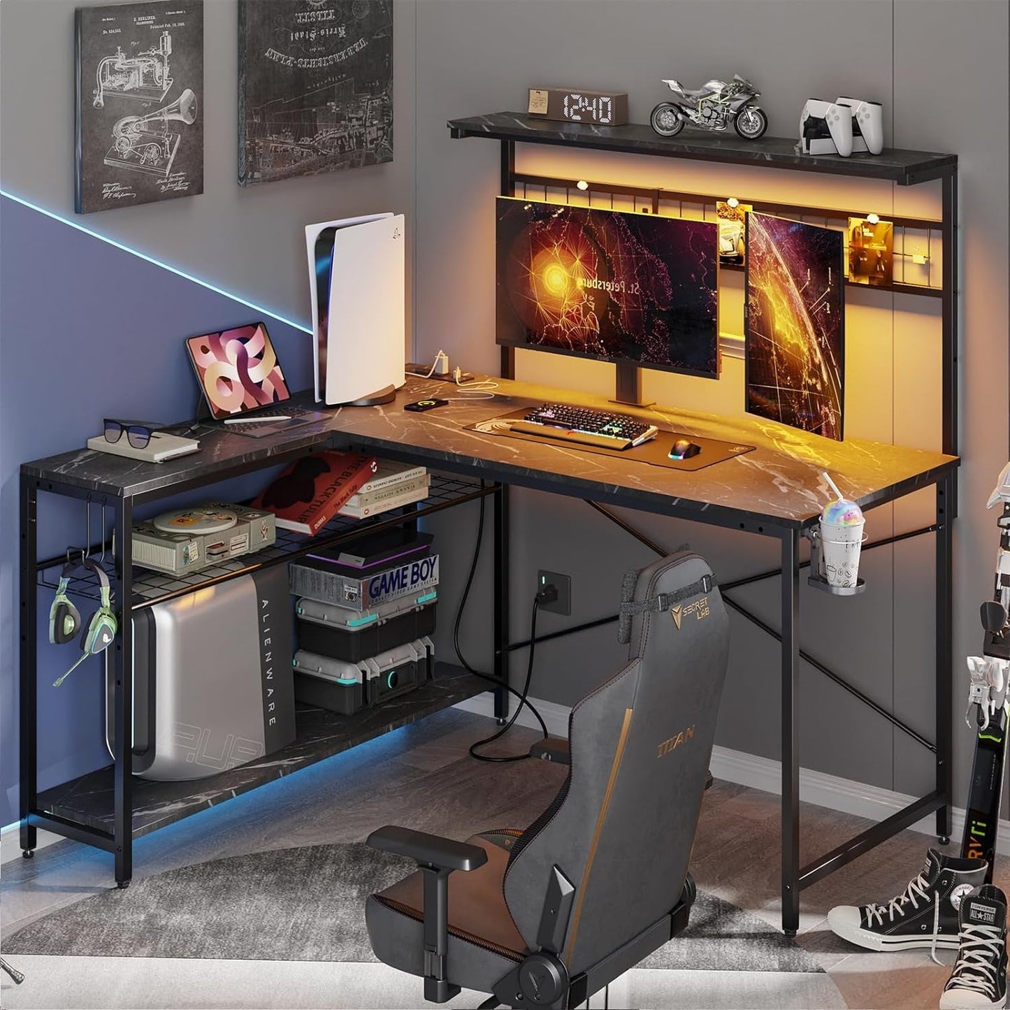 Gaming Desk 51" L-Shaped, with Power Outlets & LED Lights- 4 Tier