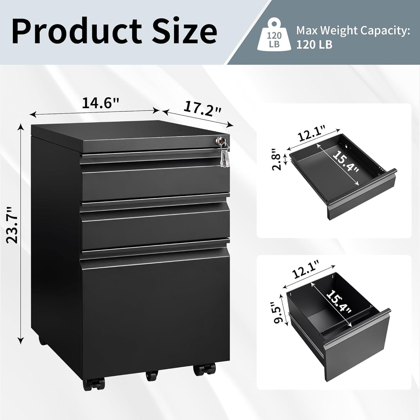 3 Drawer File Cabinet for Home Office, under Desk Mobile Filing