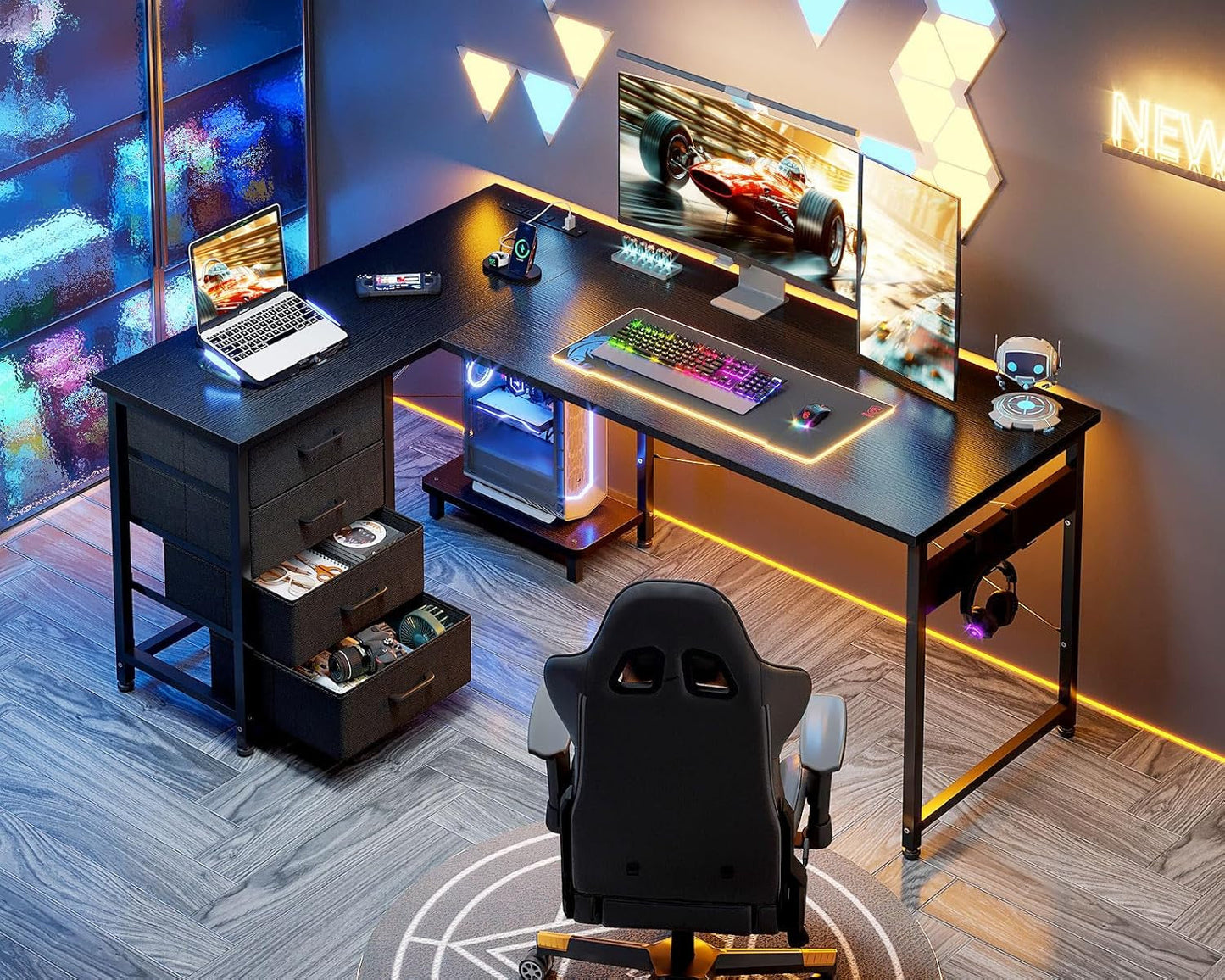 L Shaped Gaming Desk with 4 Drawers, 53" Reversible Home Office Desks