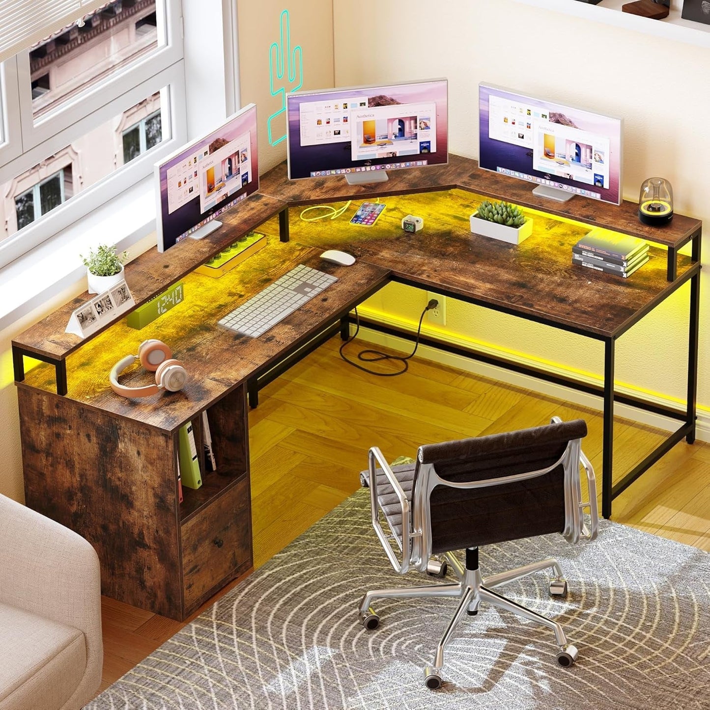 L Shaped Desk with Power Outlets & LED Lights, 67" Computer Desk with