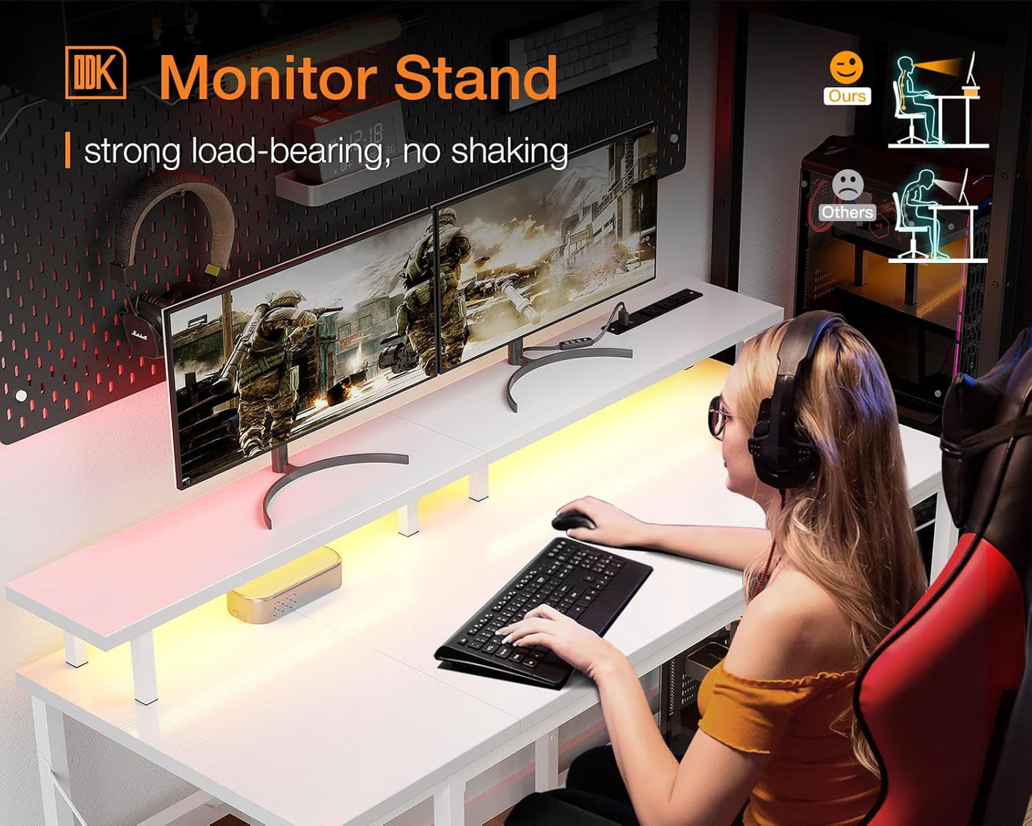 48 Inch Gaming Desk with LED Lights & Power Outlets, Computer Desk