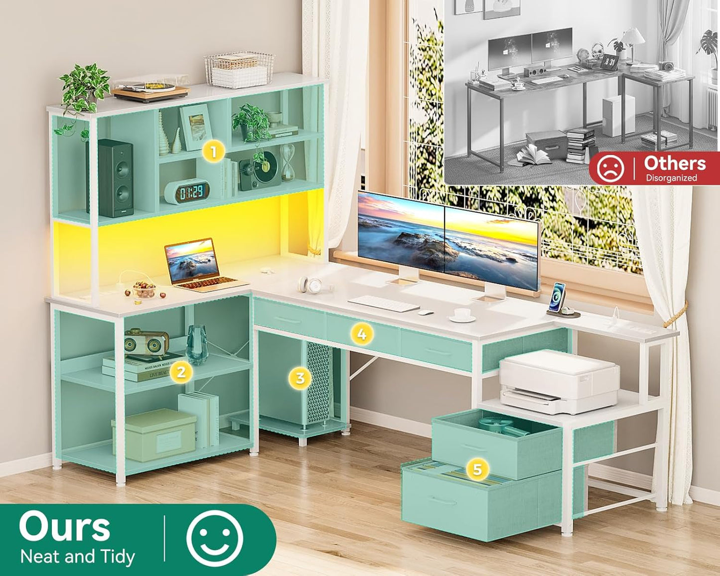 79 Inch L Shaped Desk with File Drawers, Reversible L Shaped Gaming