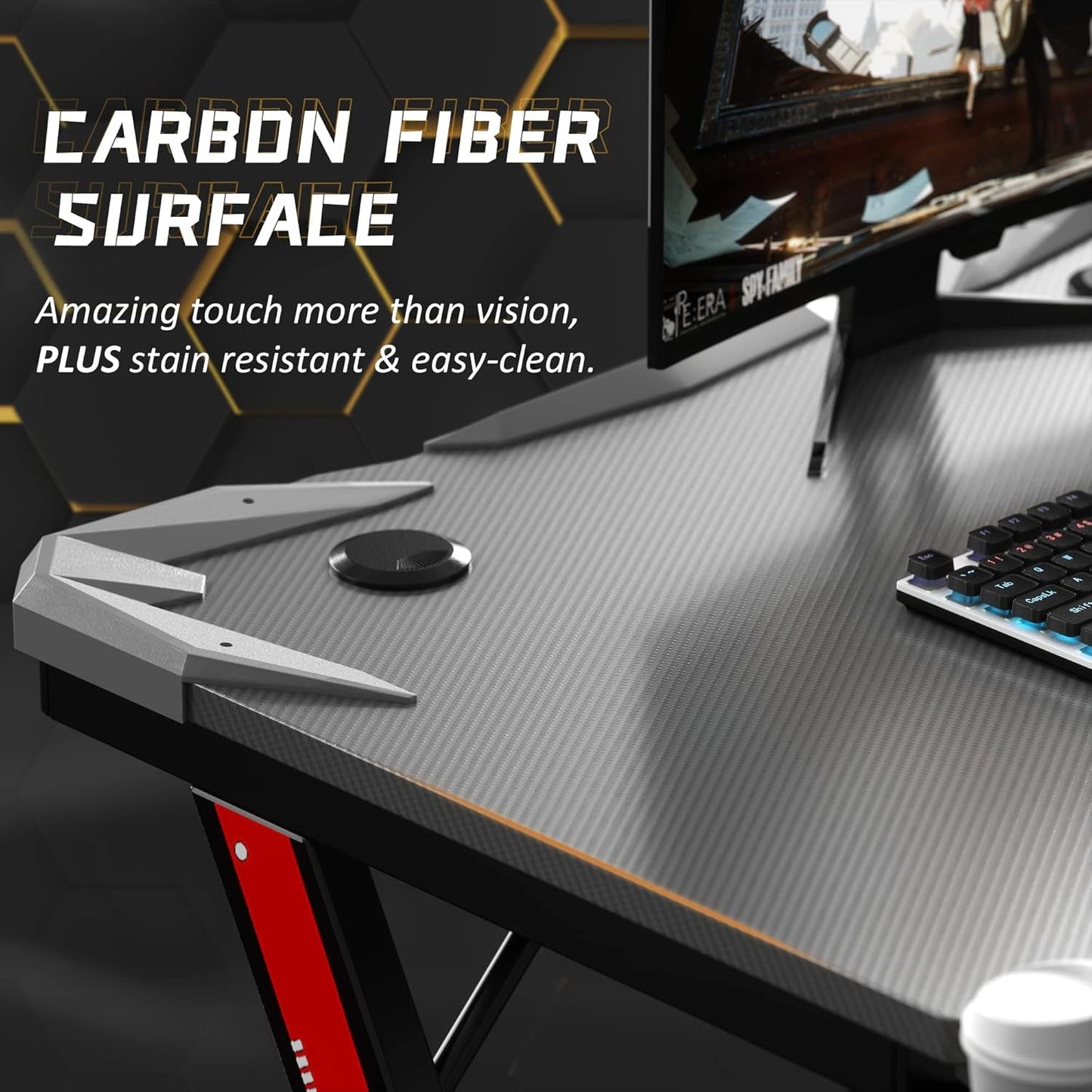 Gaming Computer Desk with Carbon Fiber Surface, Gaming Table Z Shaped