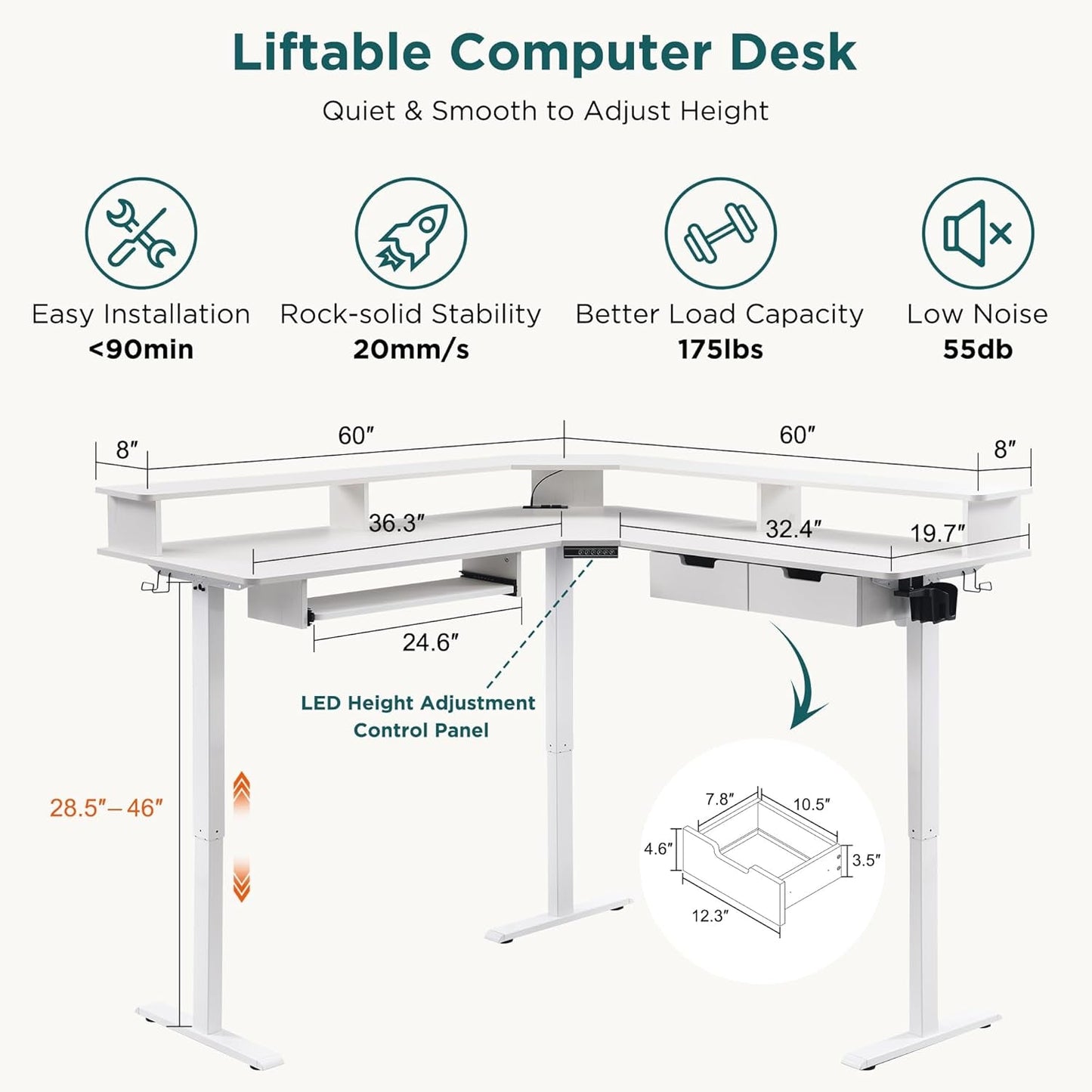 60 Inches L Shaped Electric Standing Desk, Height Adjustable Corner