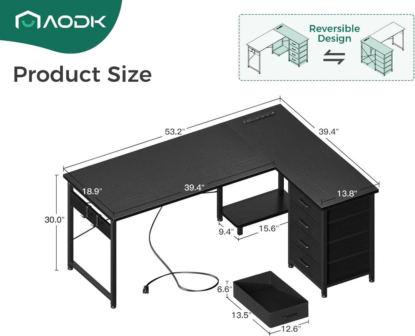 L Shaped Gaming Desk with 4 Drawers, 53" Reversible Home Office Desks