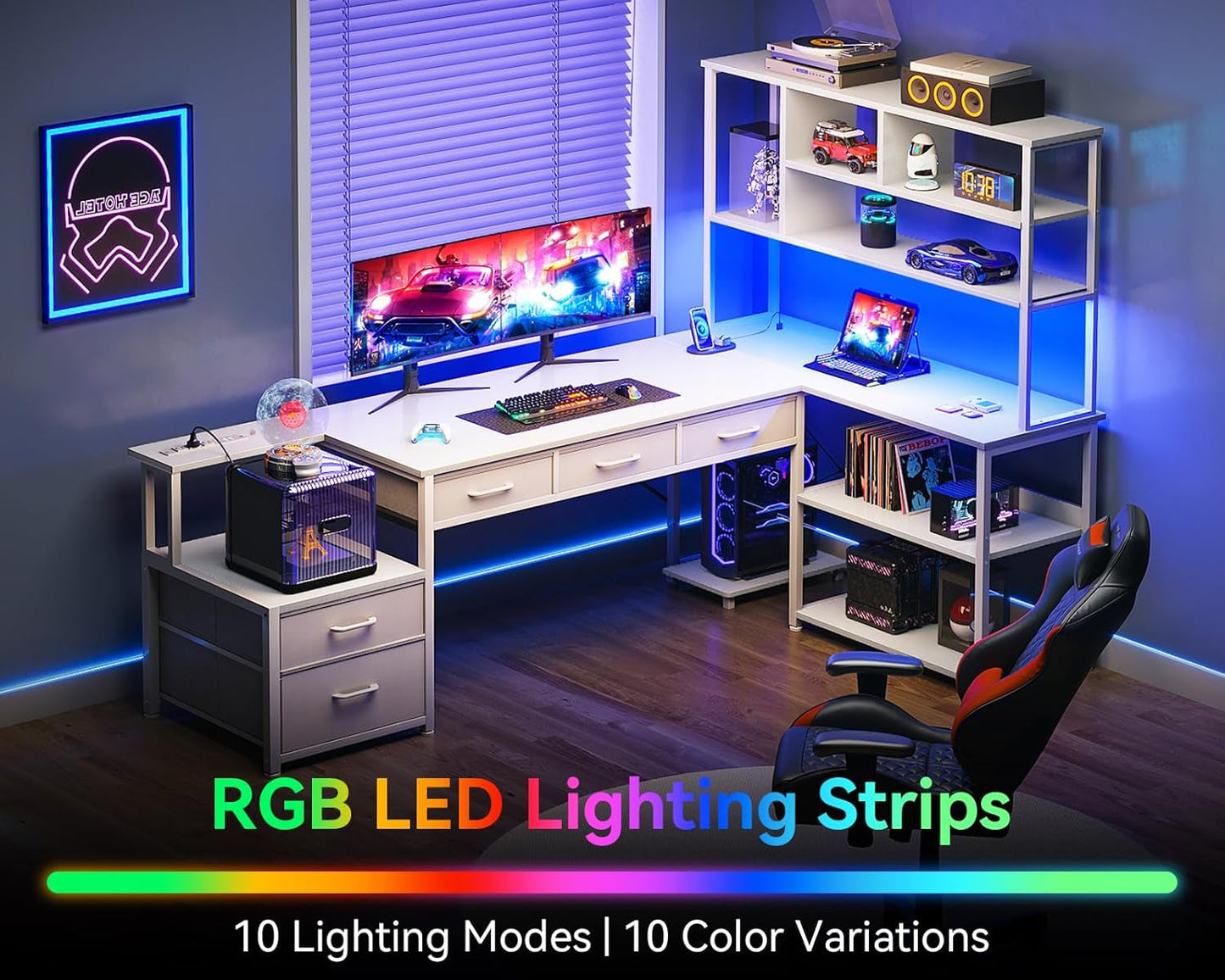 79 Inch L Shaped Desk with File Drawers, Reversible L Shaped Gaming