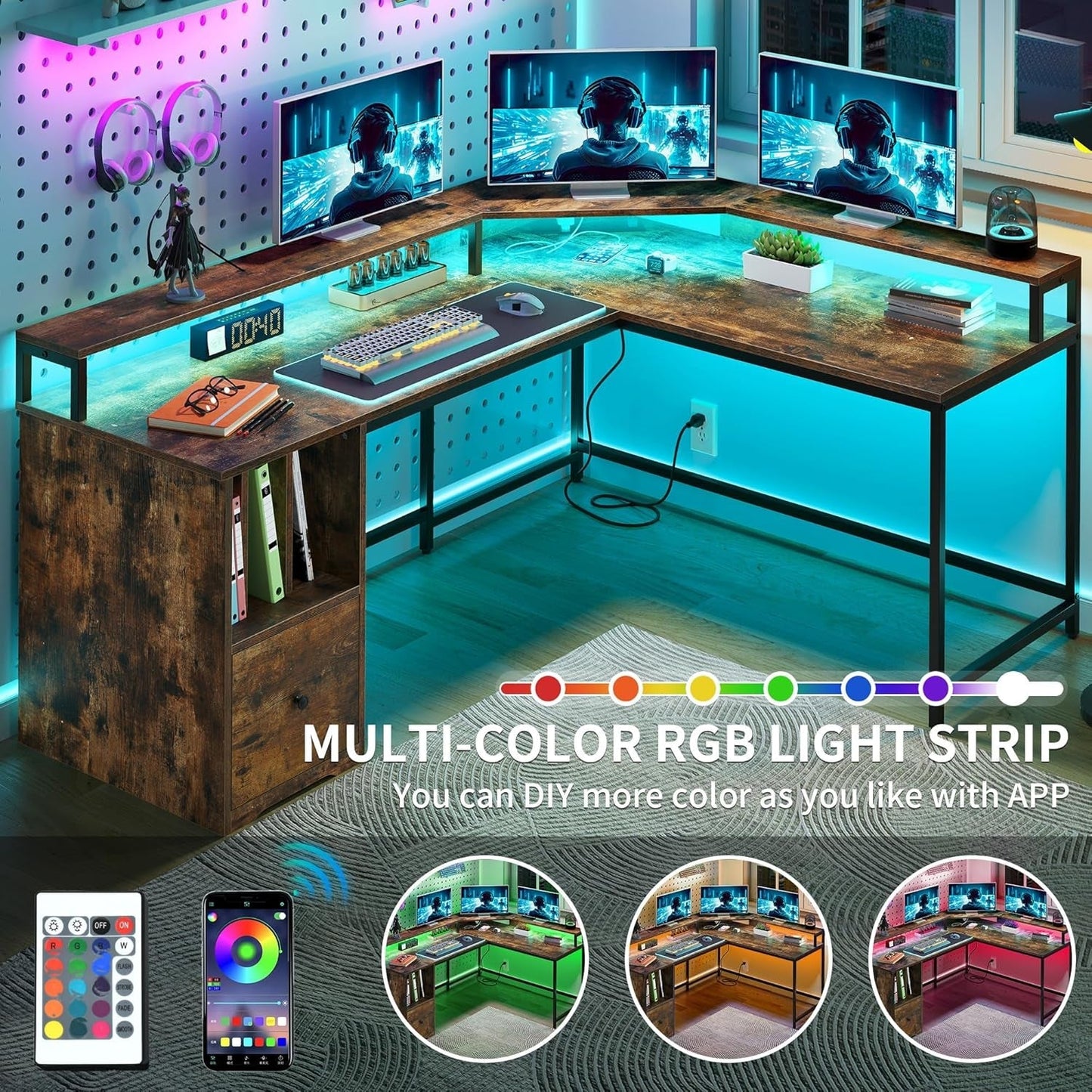 L Shaped Desk with Power Outlets & LED Lights, 67" Computer Desk with