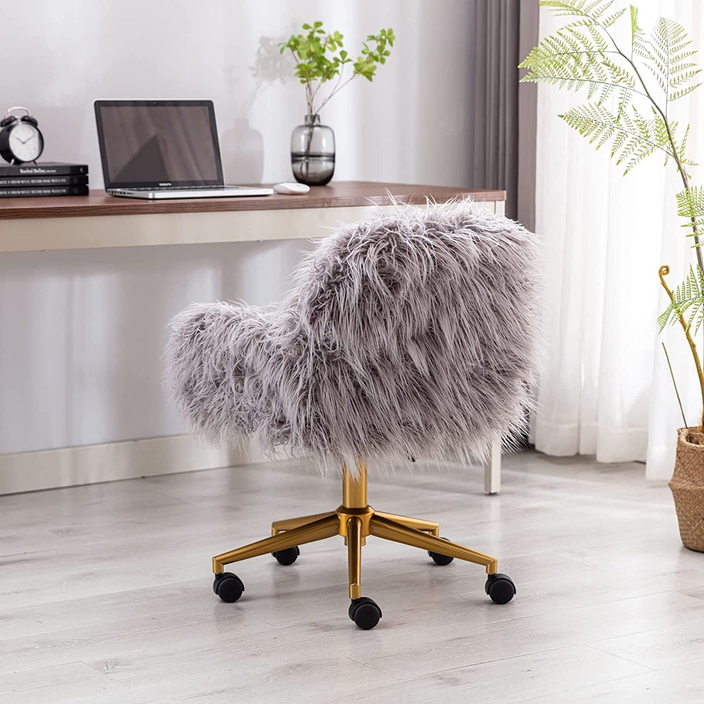 KCC Gray Faux Fur Swivel Chair for Home Office