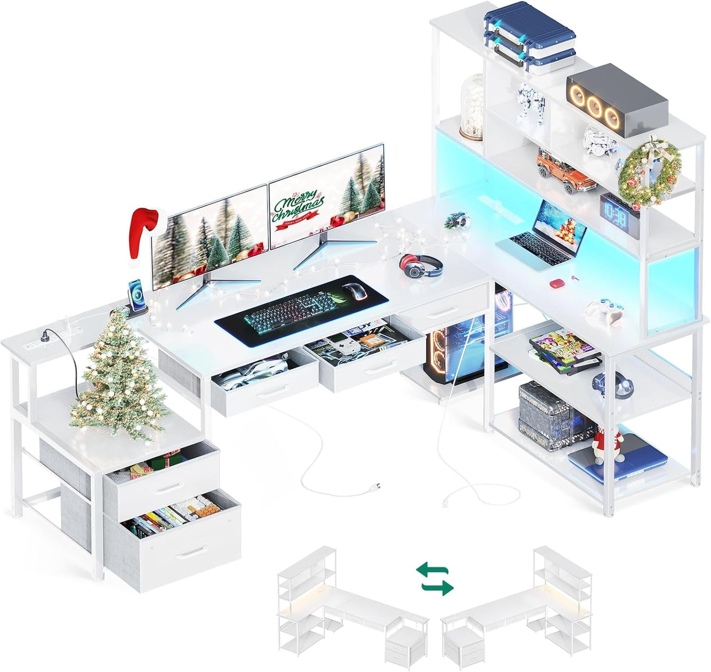 79 Inch L Shaped Desk with File Drawers, Reversible L Shaped Gaming