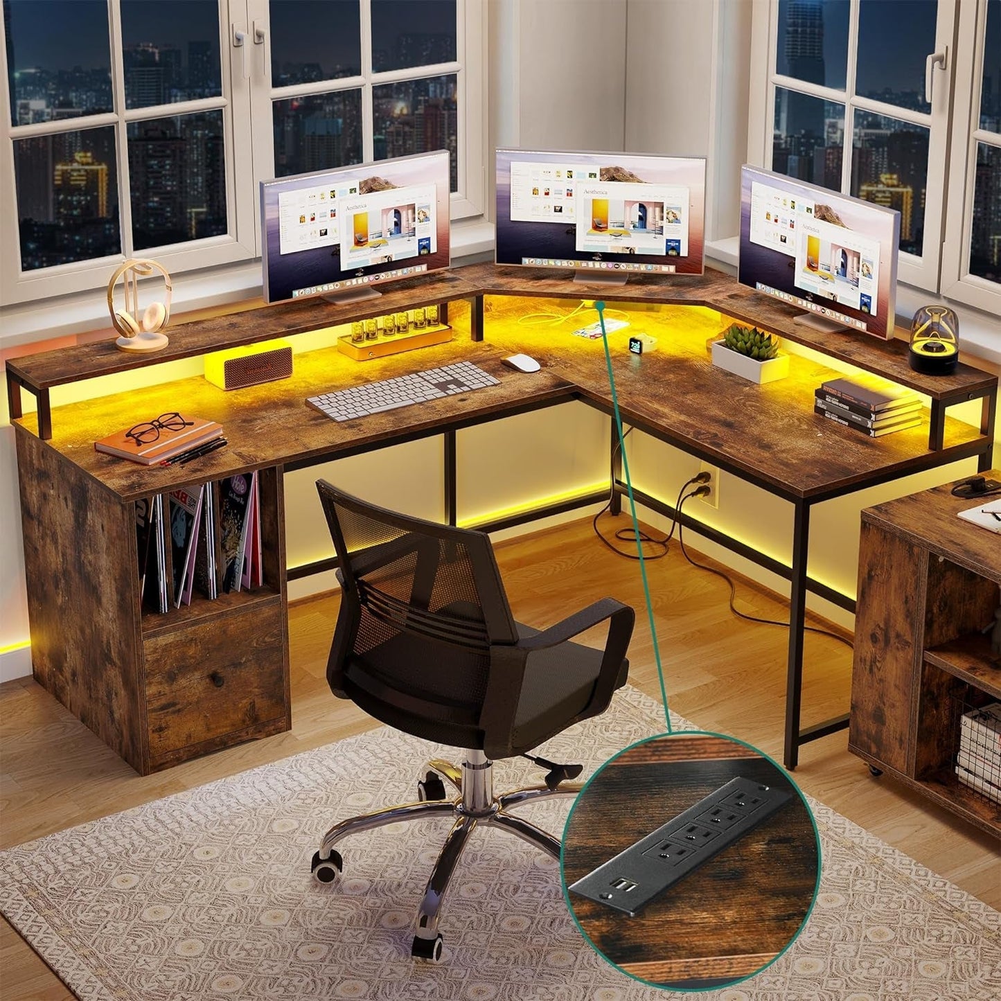L Shaped Desk with Power Outlets & LED Lights, 67" Computer Desk with