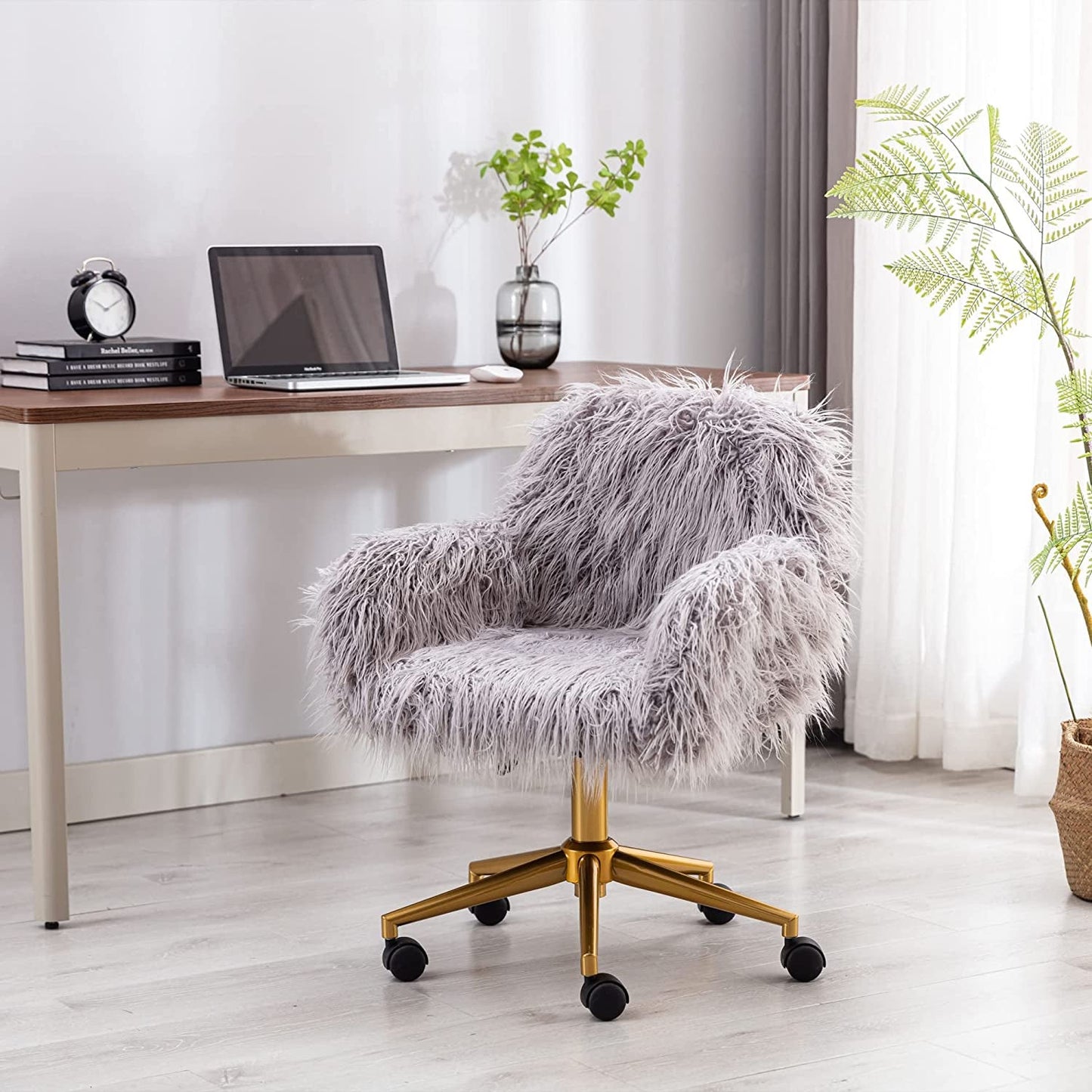 KCC Gray Faux Fur Swivel Chair for Home Office