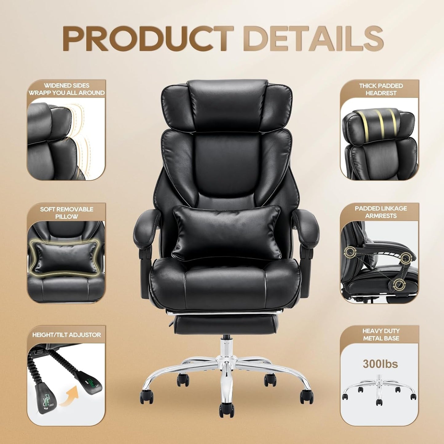 Office Chair with Retractable Footrest, Ergonomic High Back Design