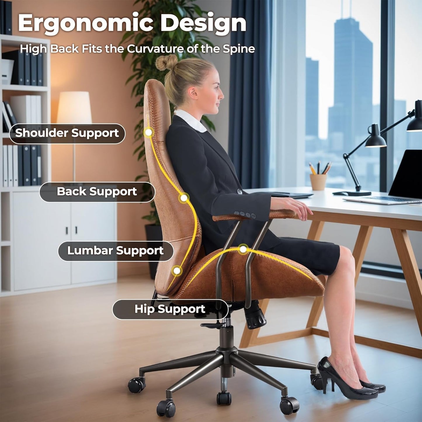 OVIOS Ergonomic Home Office Chair, Mid-Century Modern Leather Chair