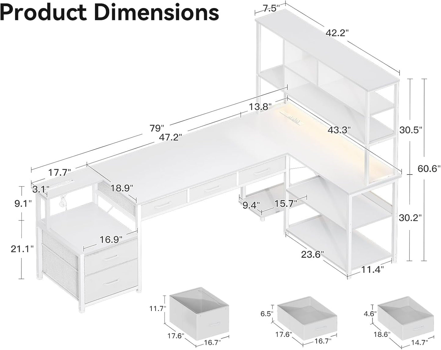 79 Inch L Shaped Desk with File Drawers, Reversible L Shaped Gaming