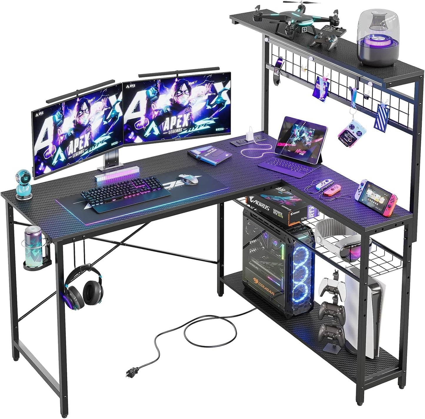 51" L-Shaped Gaming Desk with LED & Power