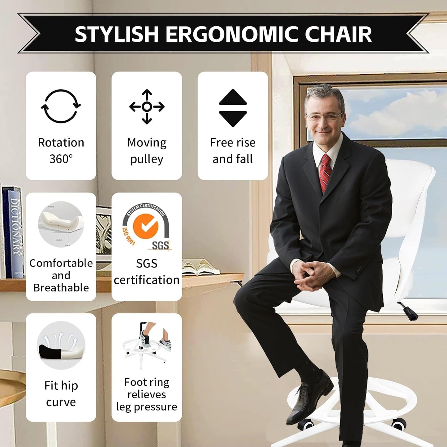 Ergonomic Drafting Chair,Standing Computer Desk Chair,Foot Ring,Lumbar