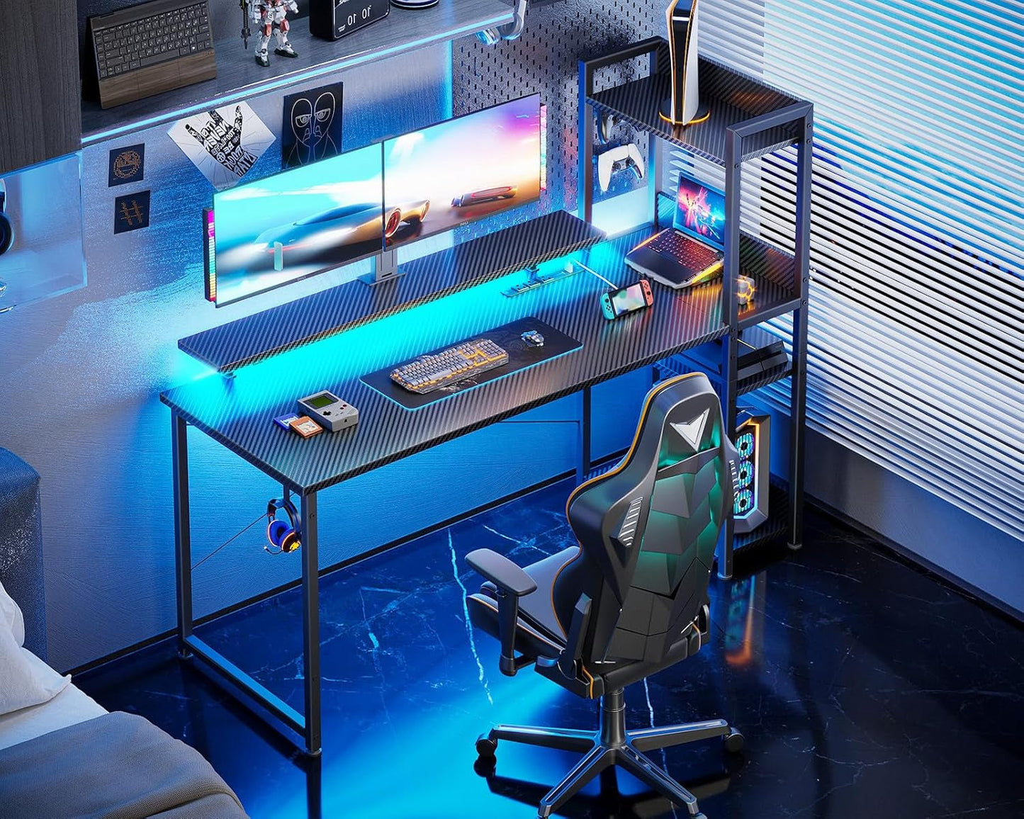Reversible 55 Inch Gaming Desk with USB Charging Port and LED Lights,