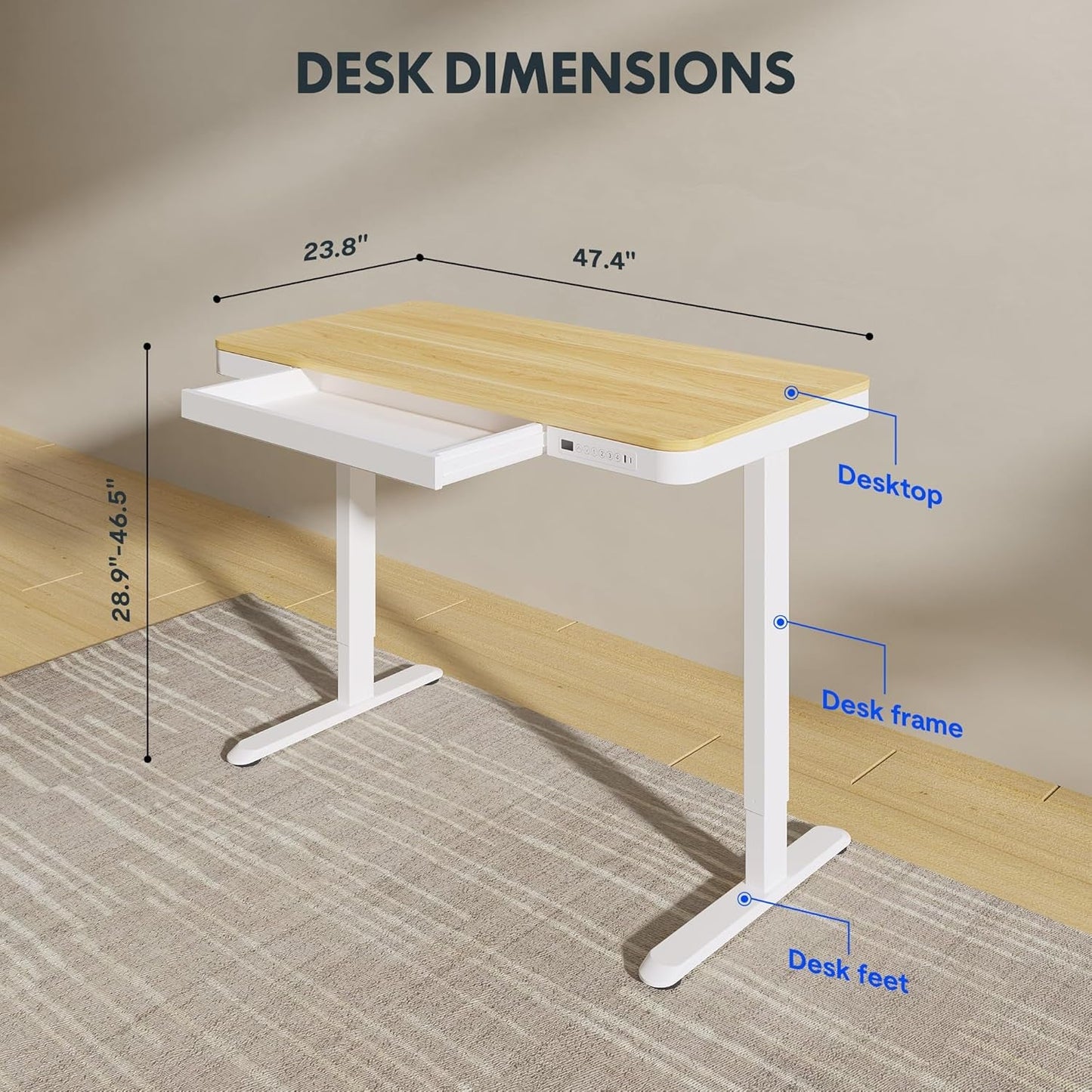 Comhar Electric Standing Desk with Drawers Charging USB Port, Height
