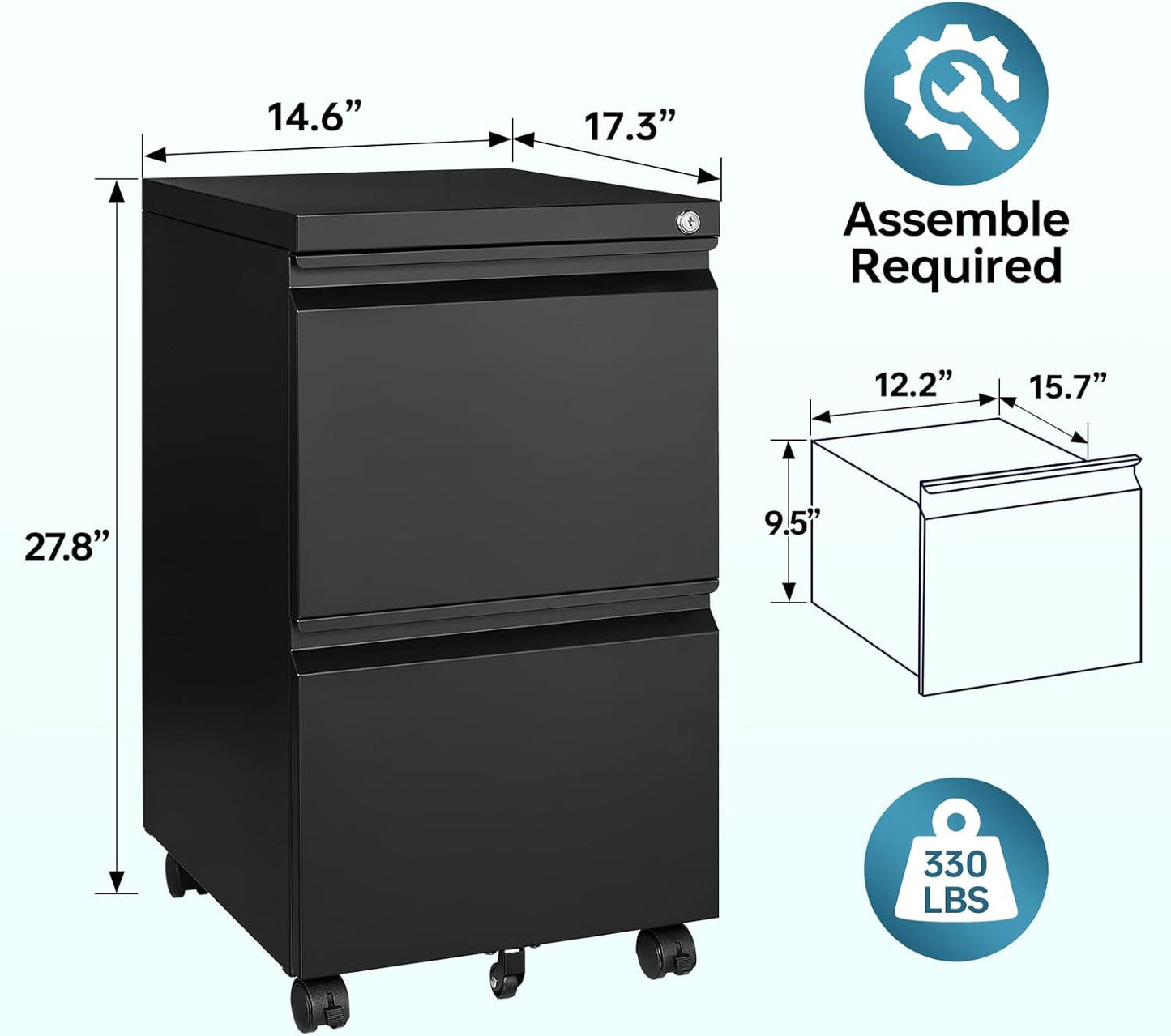 2 Drawer File Cabinet on Wheels, Home Office Mobile under Desk with