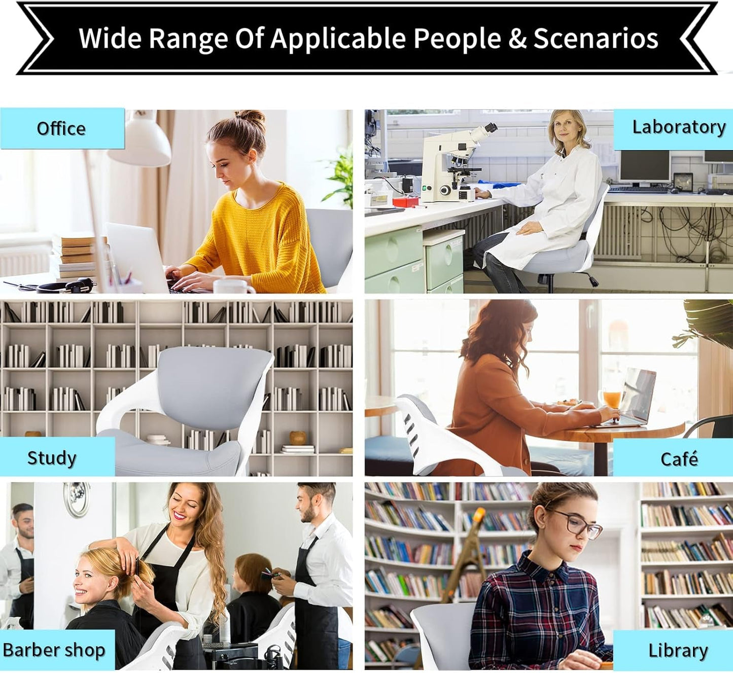 Collage showcasing diverse individuals using ergonomic drafting chairs in various settings: office, laboratory, study, café, barber shop, and library.