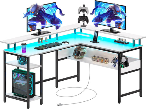 Computer Desk L Shaped 56.7" with LED Lights and Power Outlets,