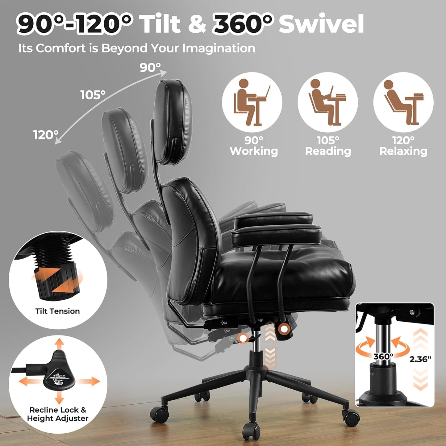 OVIOS Ergonomic Home Office Chair, Mid-Century Modern Leather Chair with