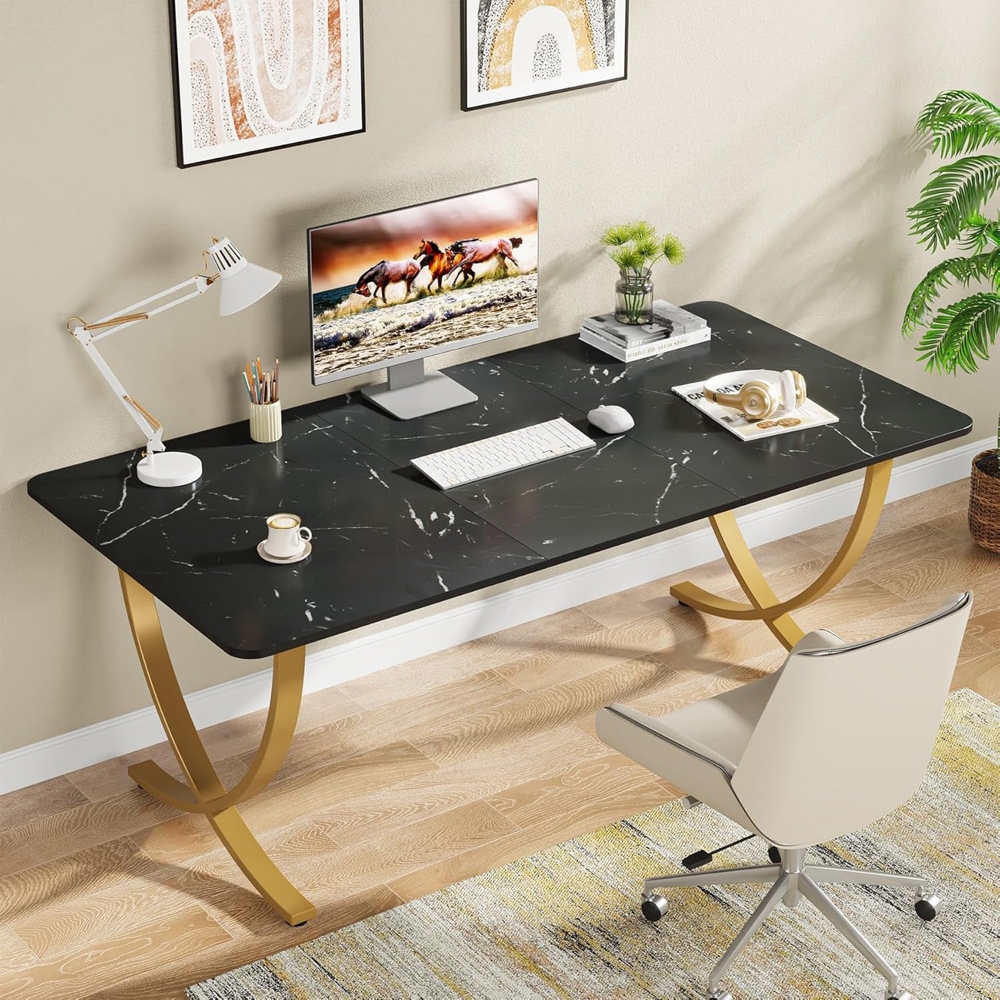 Executive Desk, 63” W X 31.5” D Large Office Desk, Modern Computer