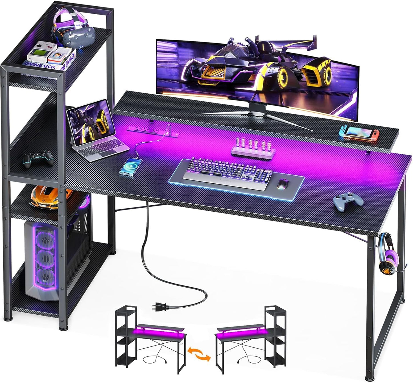 Reversible 55 Inch Gaming Desk with USB Charging Port and LED Lights,