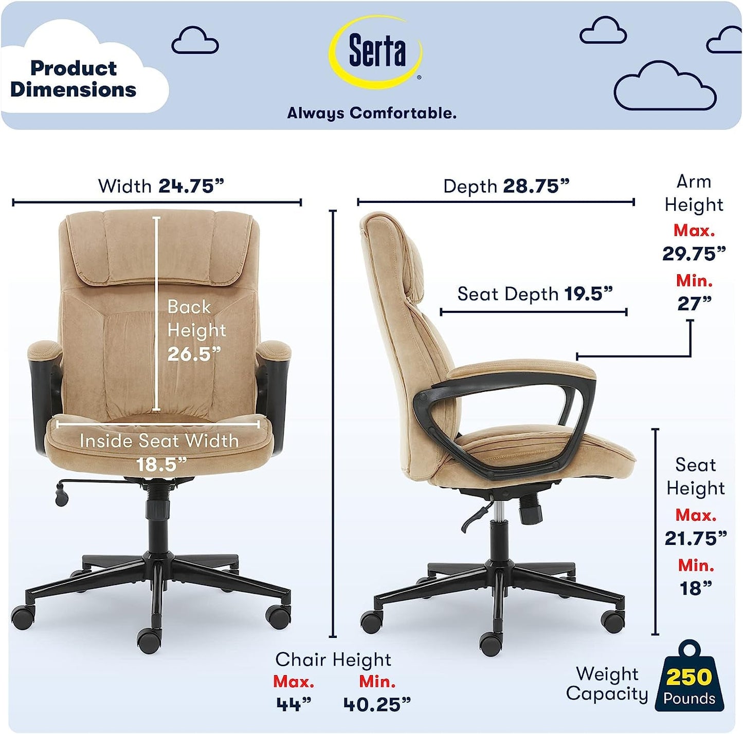 Serta Hannah Executive Home Office Desk Chair, Ergonomic Mid-Back with