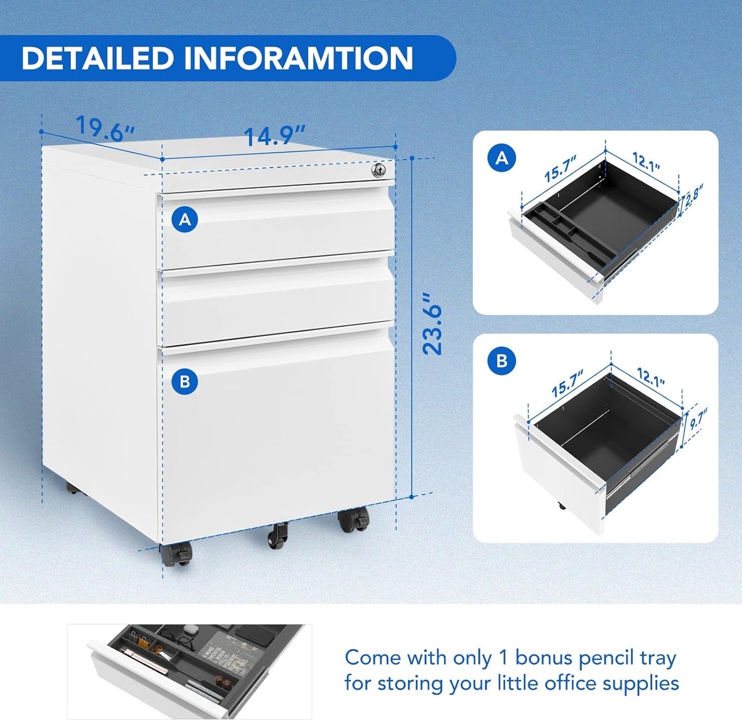 3 Drawer Mobile File Cabinet for Home Office under Desk Storage,
