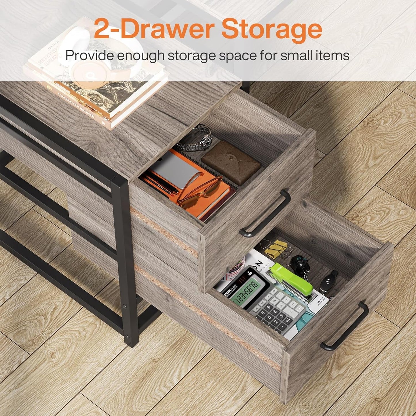 55 Inch Computer Desk with 2 Drawers and Storage Shelves, Rustic