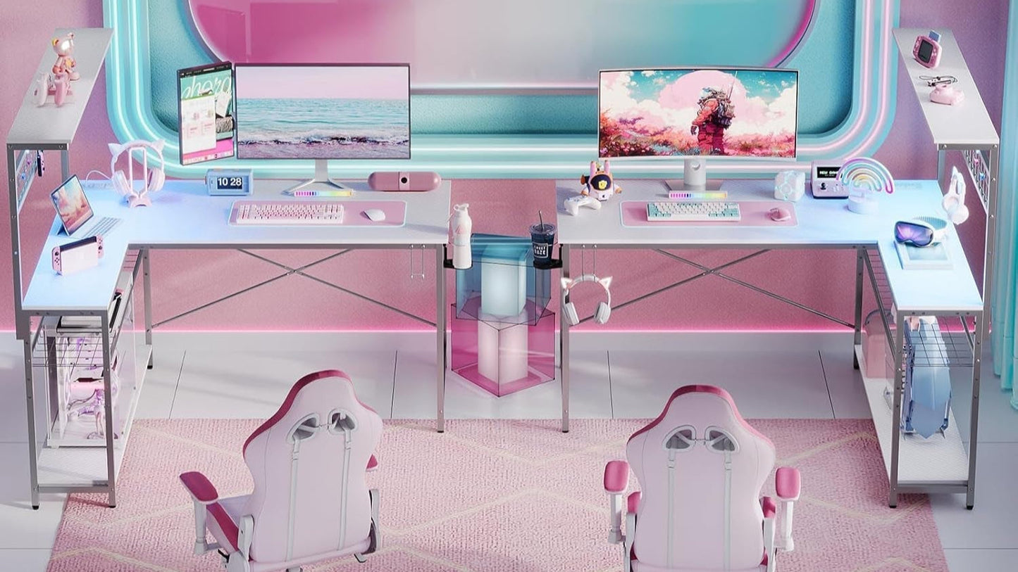 Gaming Desk 51" L-Shaped, with Power Outlets & LED Lights- 4 Tier