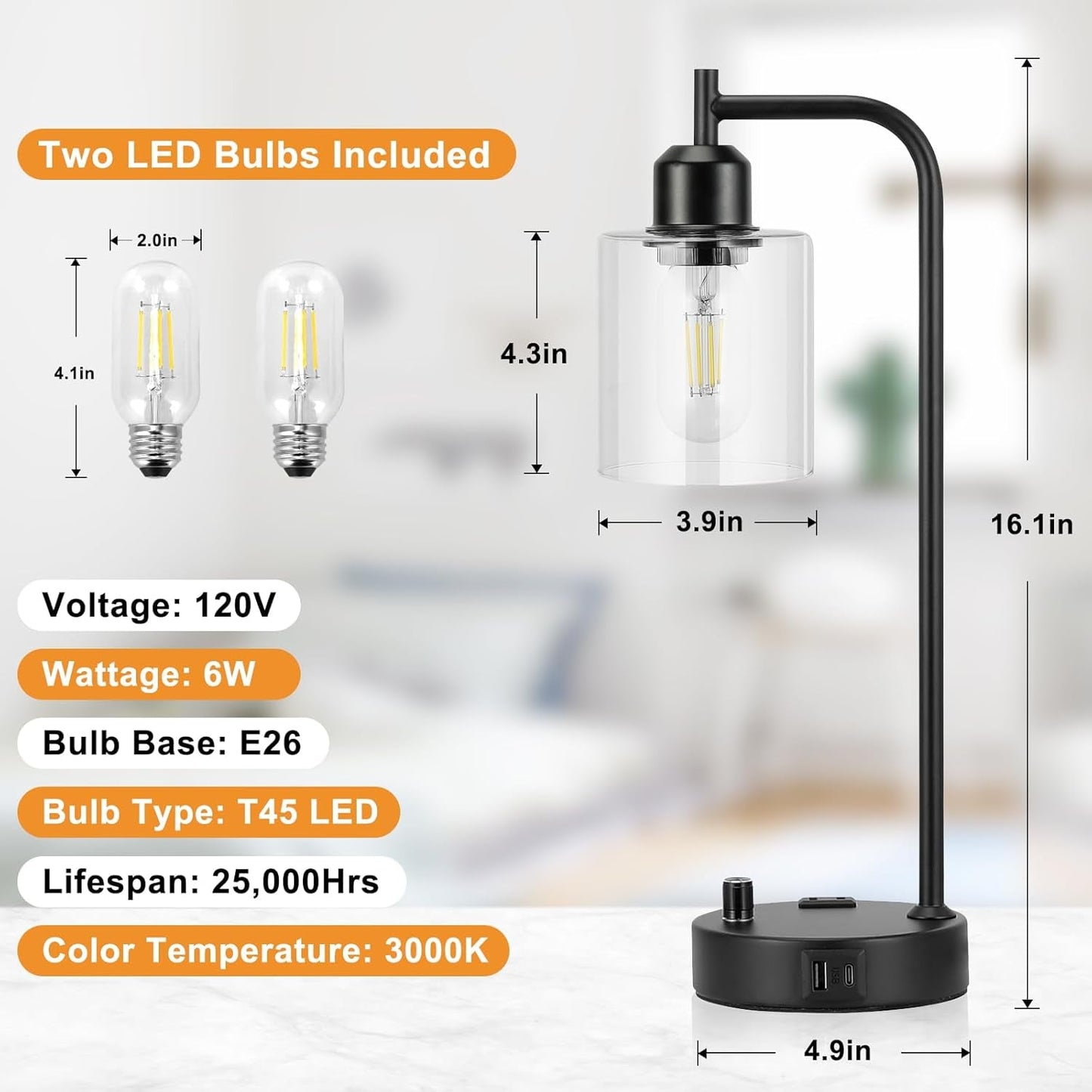 Industrial Nightstand Lamps for Bedrooms Set of 2 - Fully Dimmable