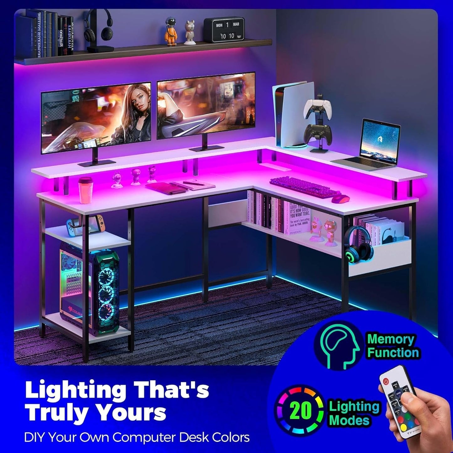 Computer Desk L Shaped 56.7" with LED Lights and Power Outlets,