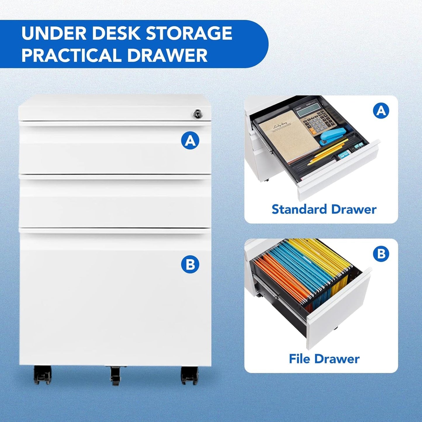 3 Drawer Mobile File Cabinet for Home Office under Desk Storage,