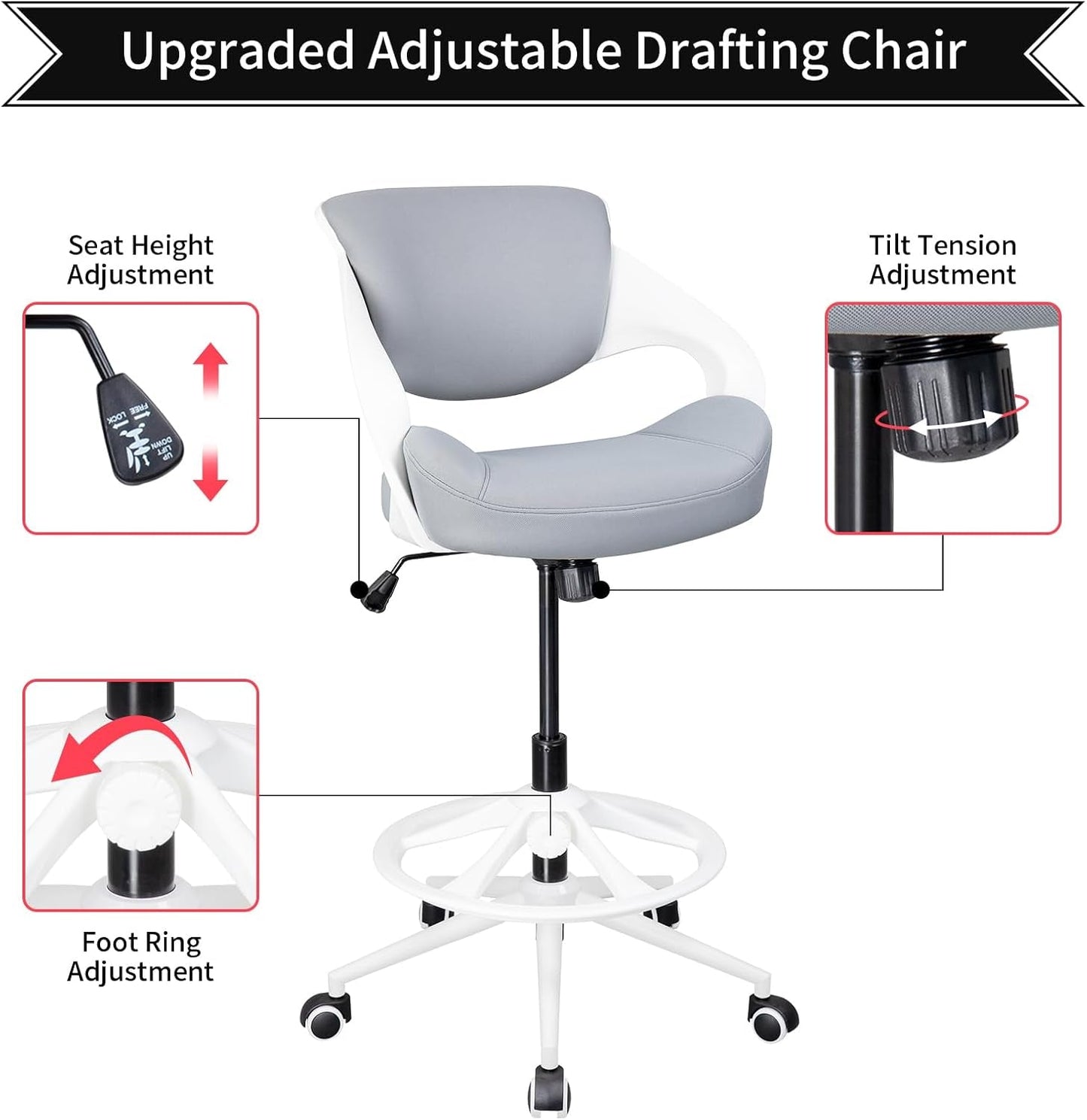 Image of an upgraded ergonomic drafting chair with adjustable seat height, tilt tension, and foot ring features.