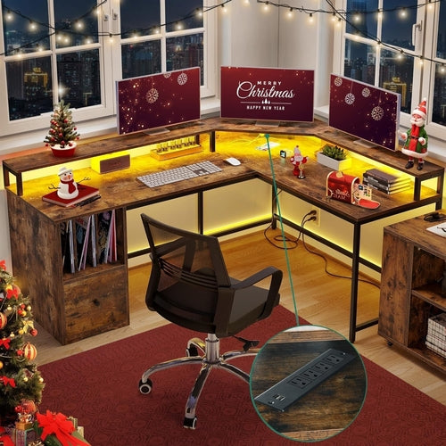 L Shaped Desk with Power Outlets & LED Lights, 67" Computer Desk with