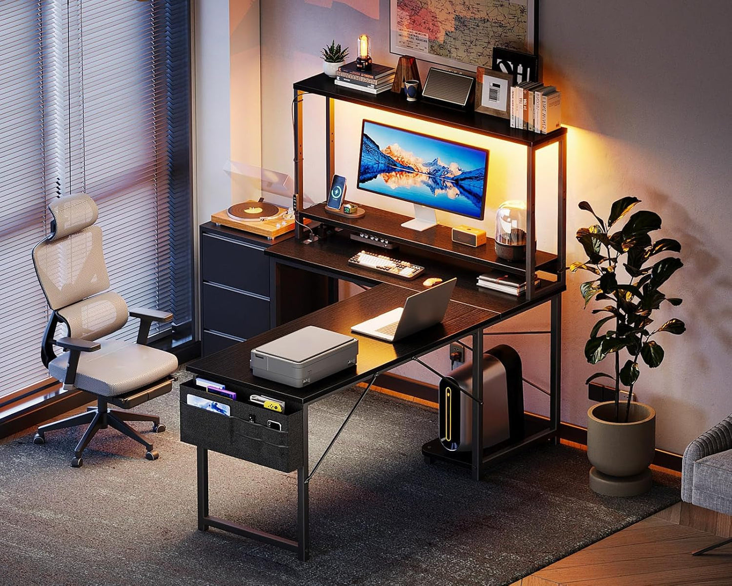 L Shaped Desk Gaming Desk with LED Light & Power Outlet, 53 Inch