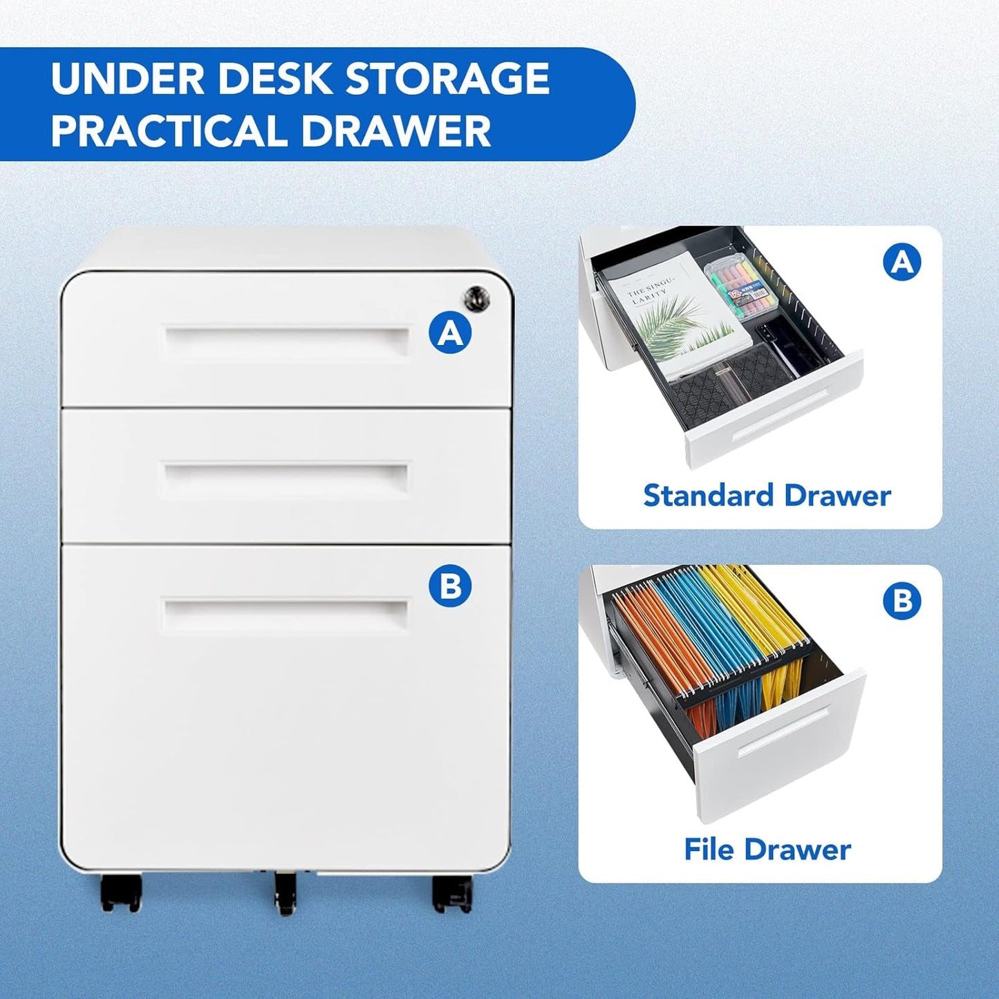 Mobile File Cabinet for Home Office 3 Drawer File Cabinet under Desk