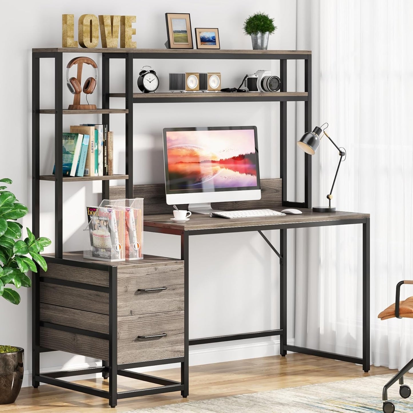 55 Inch Computer Desk with 2 Drawers and Storage Shelves, Rustic