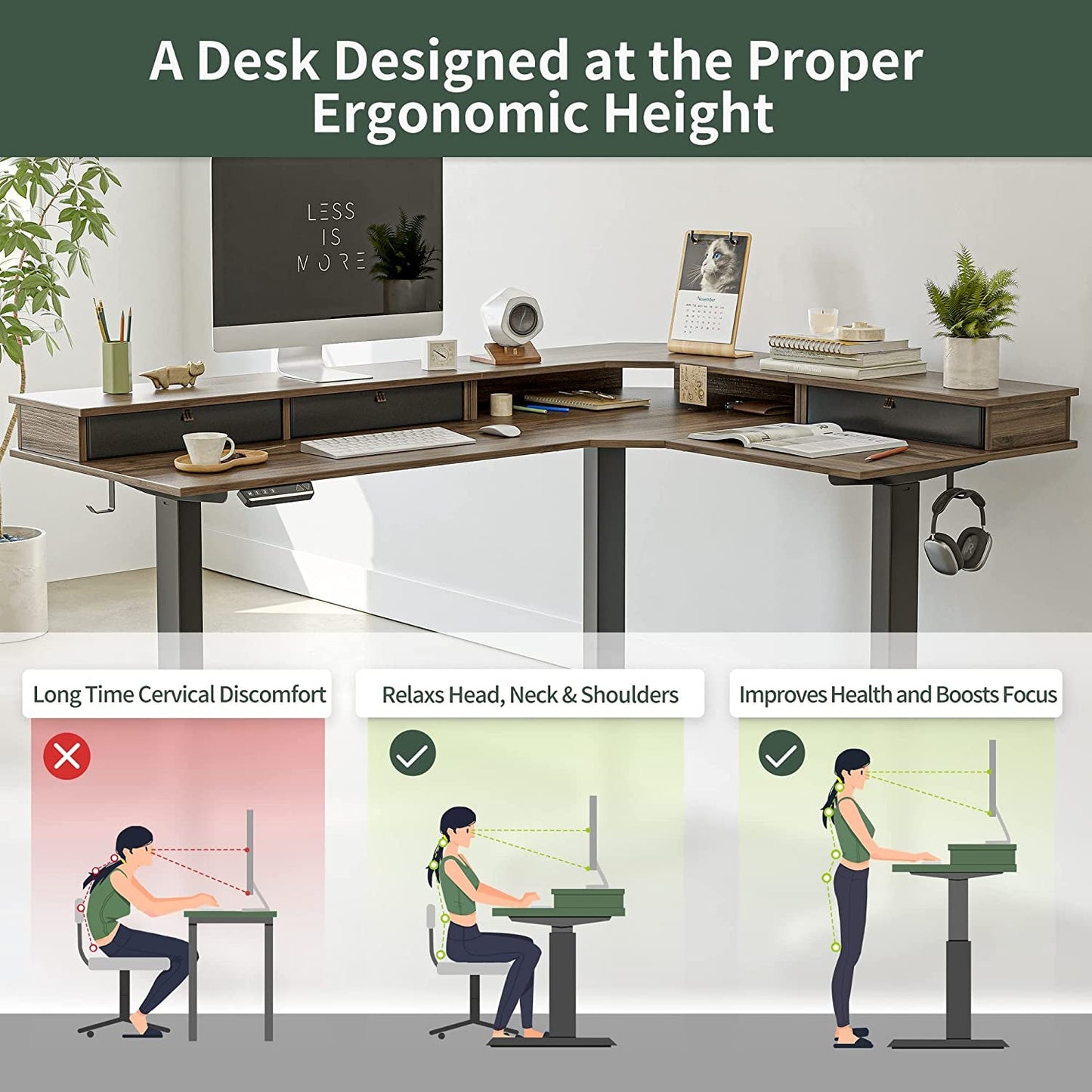 Triple Motor 63″ L Shaped Standing Desk with 3 Drawers, Electric,