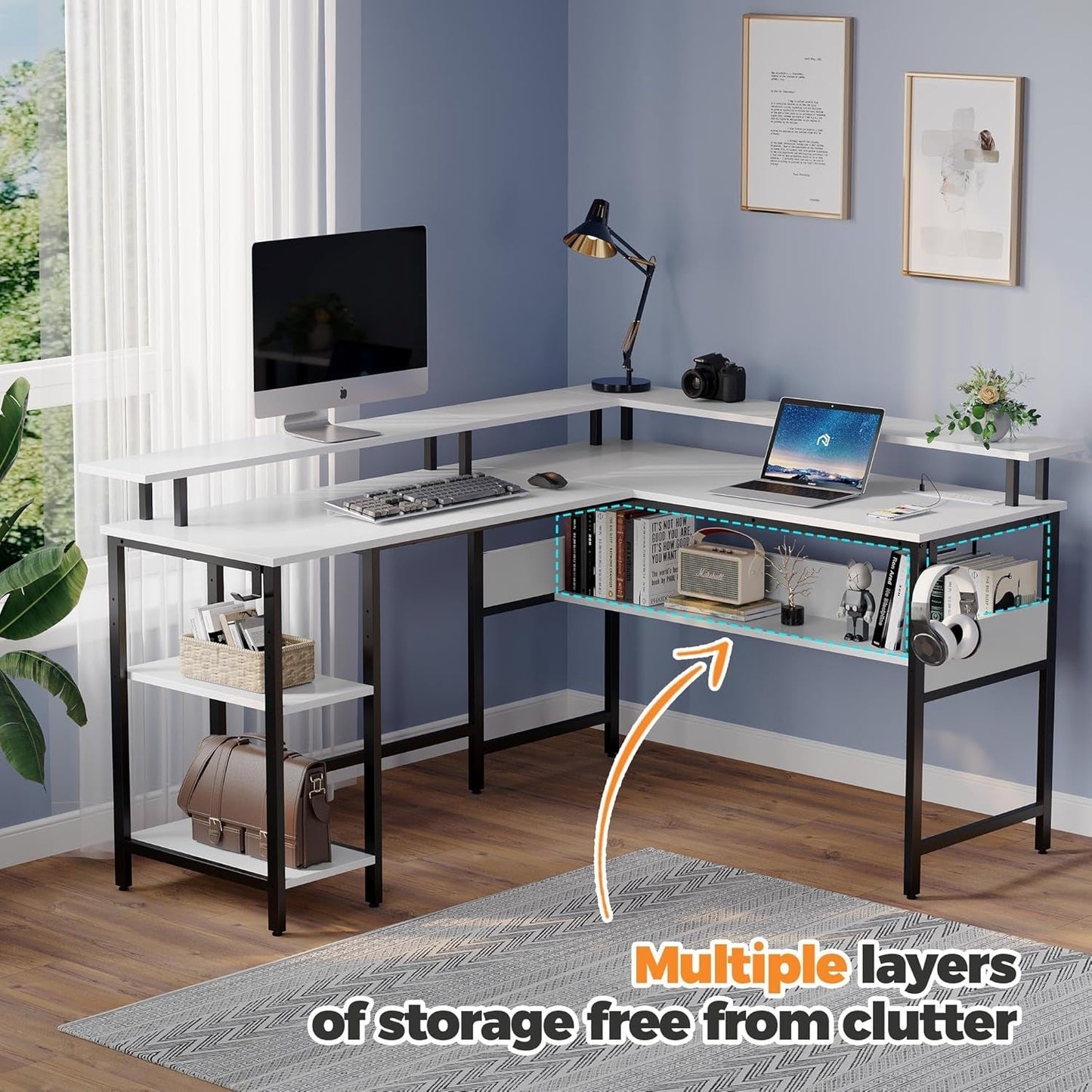 Computer Desk L Shaped 56.7" with LED Lights and Power Outlets,