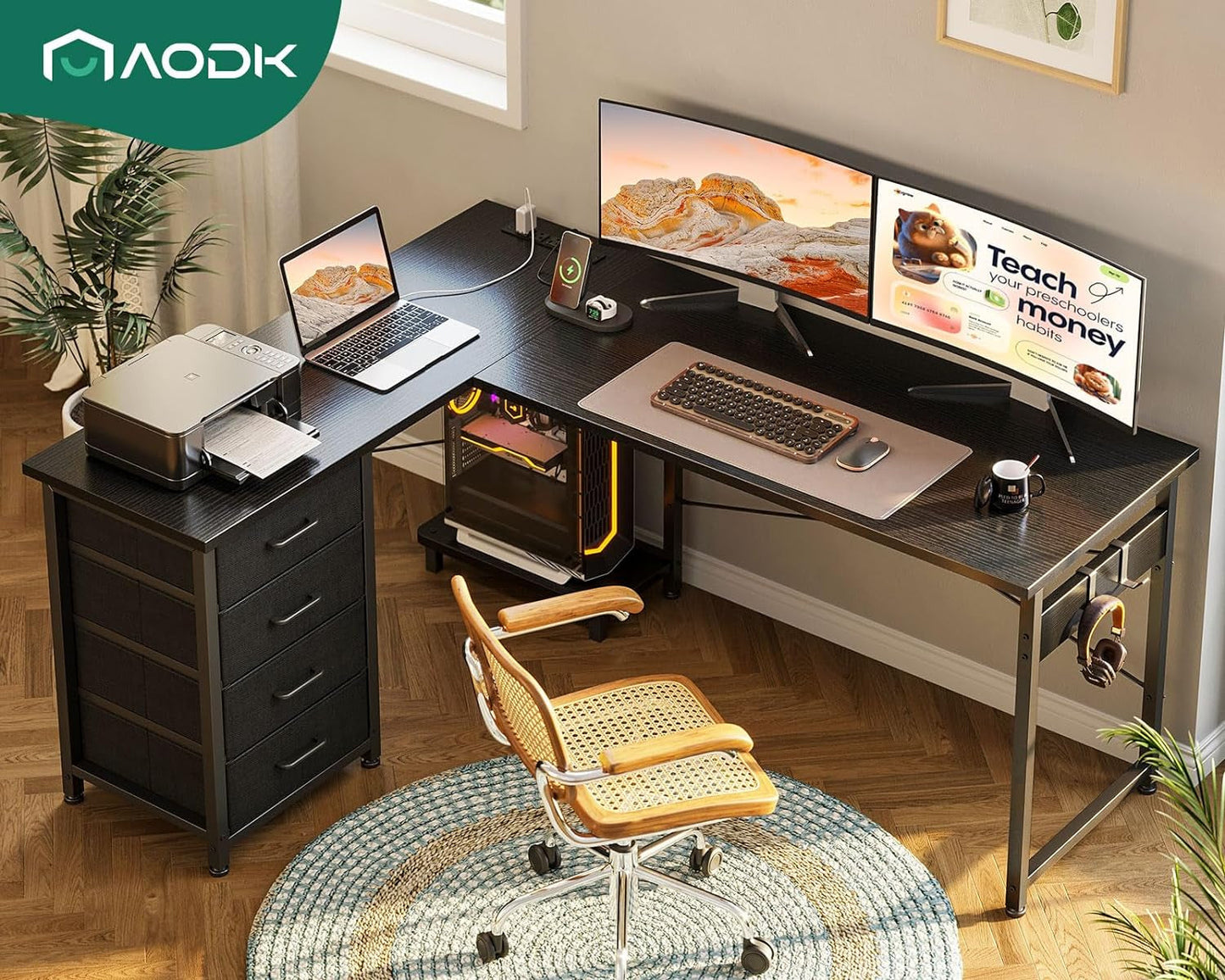 L Shaped Gaming Desk with 4 Drawers, 53" Reversible Home Office Desks