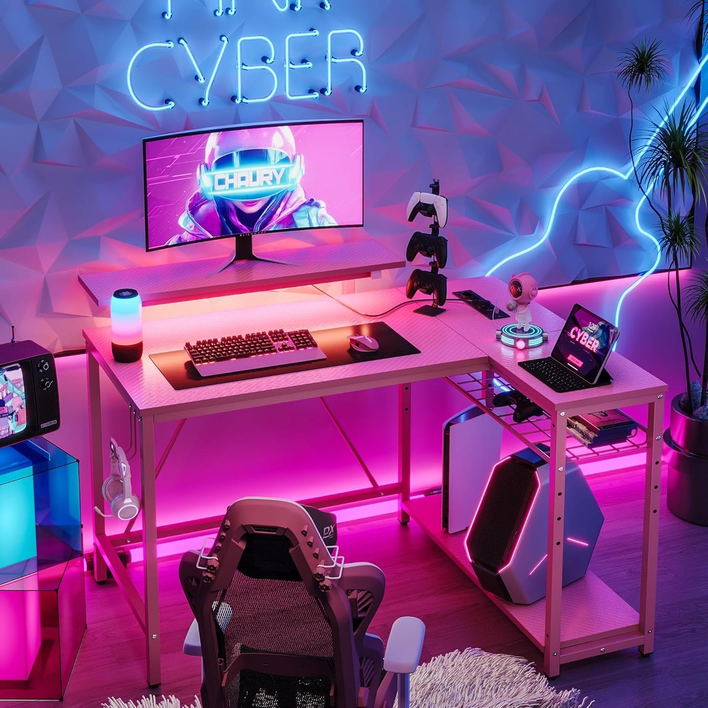Gaming Desk with Power Outlets,42 LED Small Corner Computer Desk with